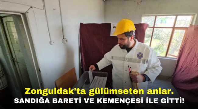 Zonguldak'ta gülümseten anlar. Sandığa bareti ve kemençesi ile gitti!